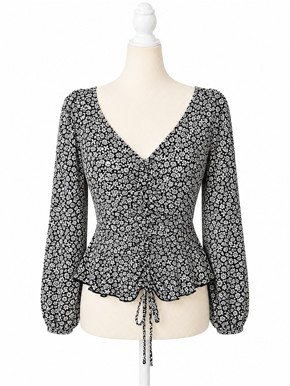Japna Black White Floral Peplum Top Womens Small Cottagecore Boho